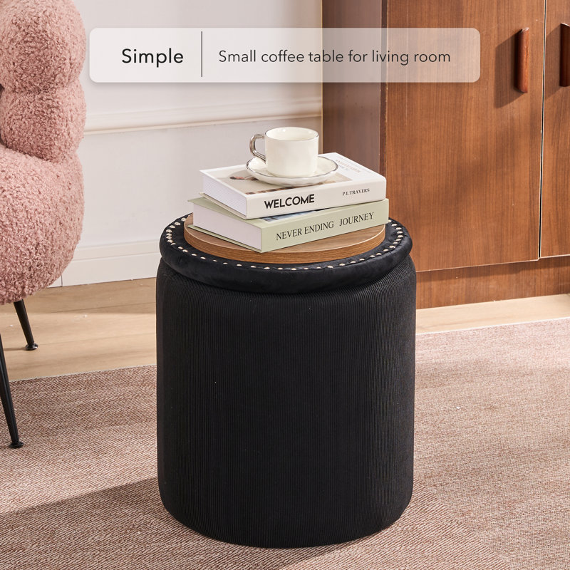 Round Ottoman With Storage Set Of 2, Black Velvet
