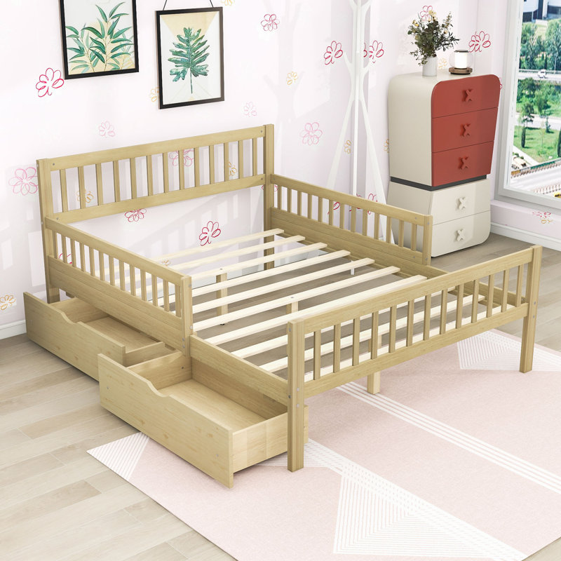 Idahlia Wooden Platform Bed with Headboard, Guardrails and Underbed Storage Drawers, Full, Natural