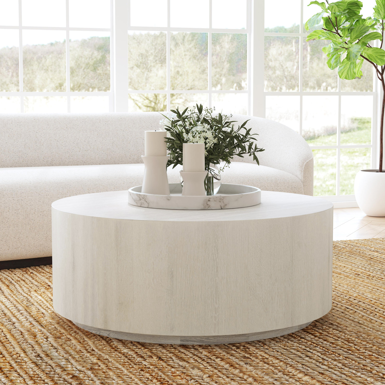 Taryn 42" Drum Coffee Table, White Wash