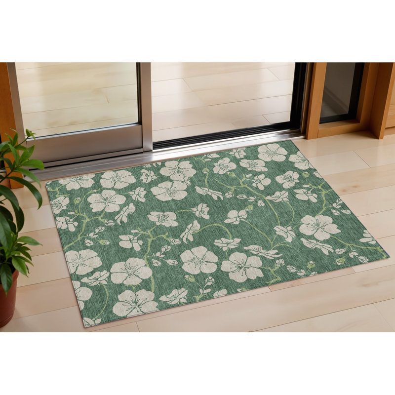 Tapis intérieur lavable à motif floral sauge et ivoire 3 pi x 5 pi