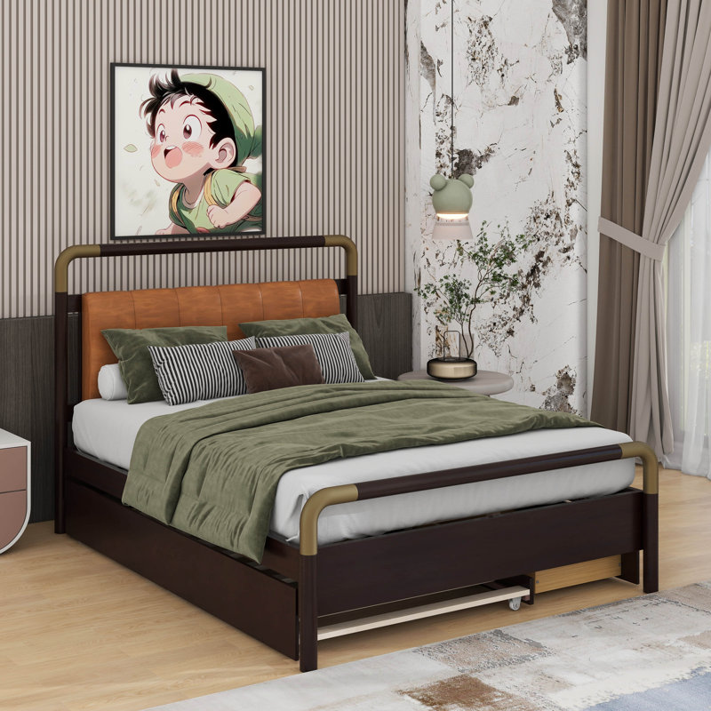 Grand lit plateforme en bois avec 2 grands tiroirs et lit gigogne T-XL, Noyer