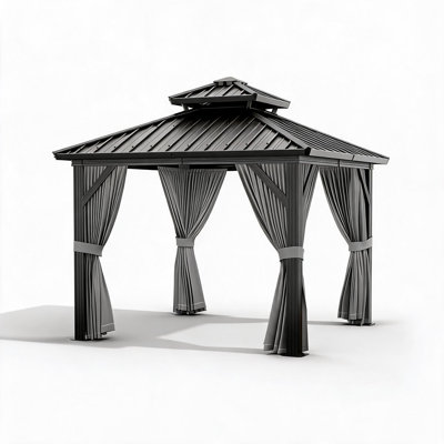 Pavillon de jardin extérieur 10 x 10 pi avec cadre en aluminium, double toit en acier galvanisé, rideaux et filet pour la terrasse, la pelouse et la cour