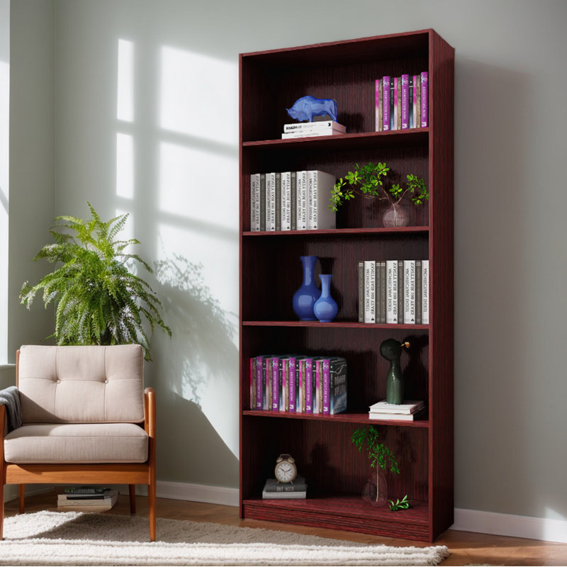 Five-Shelf Wooden Bookcase Display Cabinet With Elegant Bottom Front Moulding,Classic Mahogany Finish For Living Rooms, Offices And Libraries