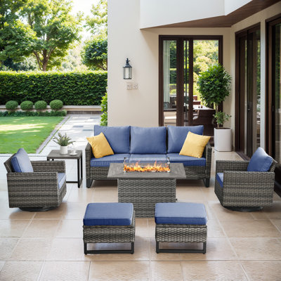 Ensemble de canapé d'extérieur 7 pièces Naresa, ensemble de mobilier de patio en osier avec table de foyer extérieur