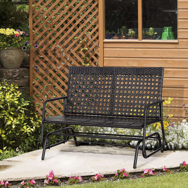 Patio 2-Person Wicker Glider Bench Rocking Chair, Outdoor All-Hand Woven PE Rattan Loveseat W/ Ergonomic Design Rocking System For Patio, Garden, Porch, Lawn