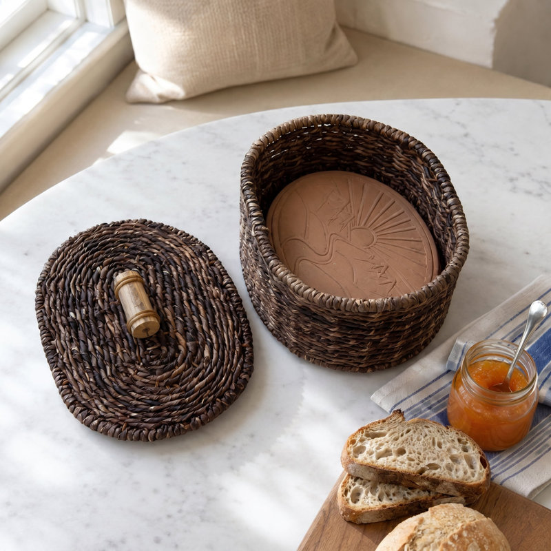 Panier chauffe-pain Éange en abaca tressé à la main avec pierre chauffante en terre cuite, décor paysager milieu du siècle, ovale, marron, avec couvercle