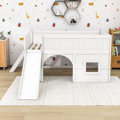 Full Wooden Low Loft Bed With Slide, Storage Shelves, Ladder And Guardrails
