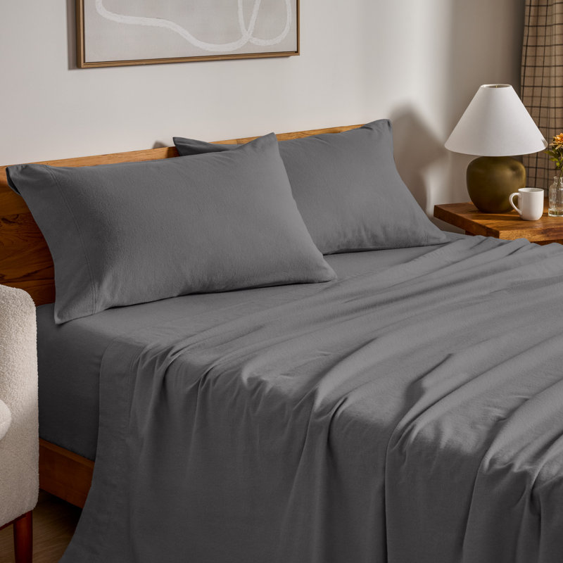 100% Cotton Flannel Sheet Set, Gray, Full XL Sheet Set with 2 Pillowcases