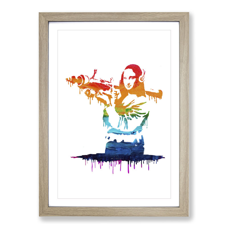 Banksy Mona Lisa Bazooka - Picture Frame Graphic Art, Oak, 36cm H x 27cm W x 2cm D