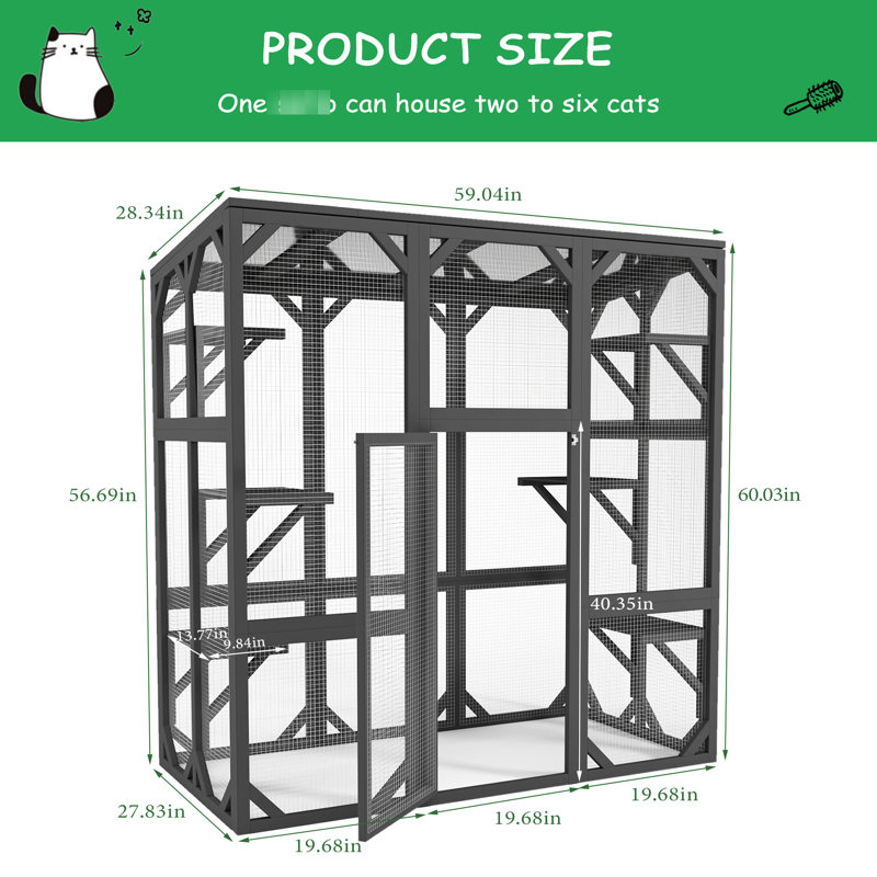 Maison pour chat grise avec six plateformes, toit imperméable, fil d'acier galvanisé et bois, cage pratique