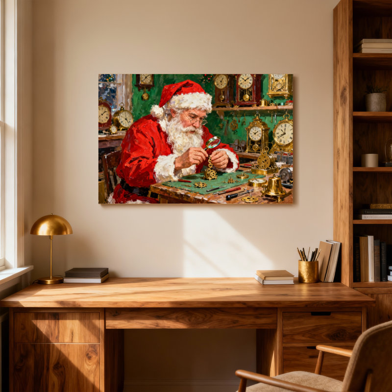 Horloges de Noël de père Noël dans un atelier avec outils, H 12 po x l 18 po