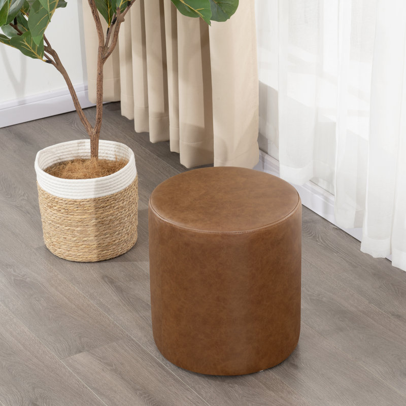 15" Round Ottoman Faux Leather Upholstered Footrest Stool For Living Room