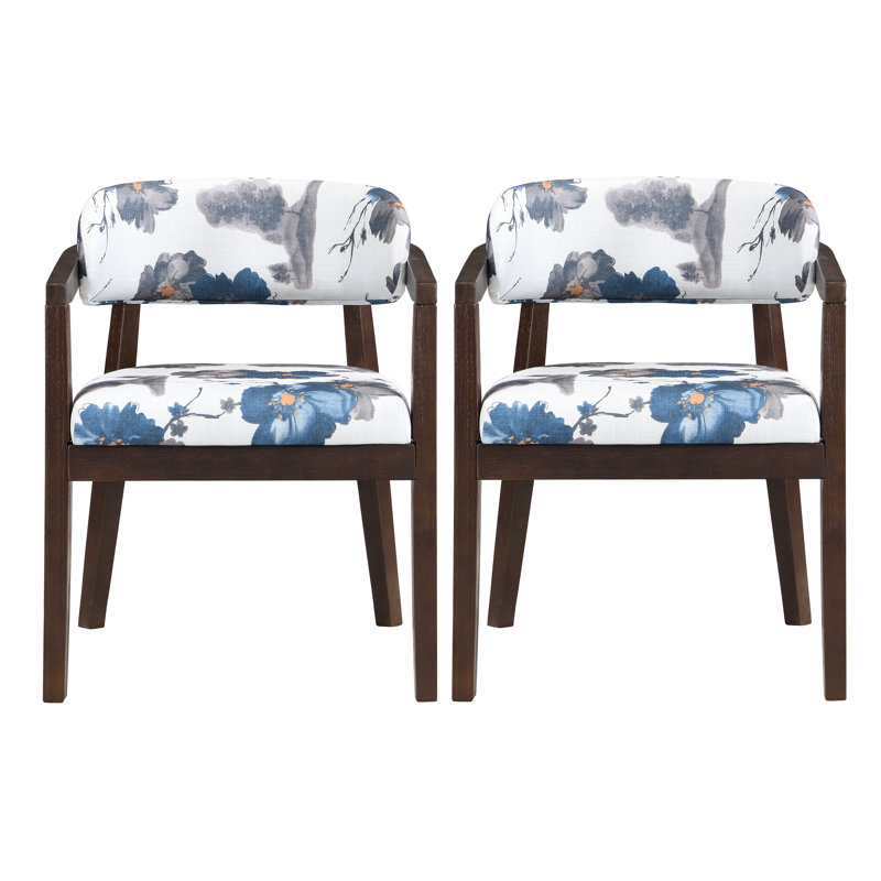 Drake Rubberwood Upholstered Dining Chairs, Blue Floral Print/Dark Brown Frame