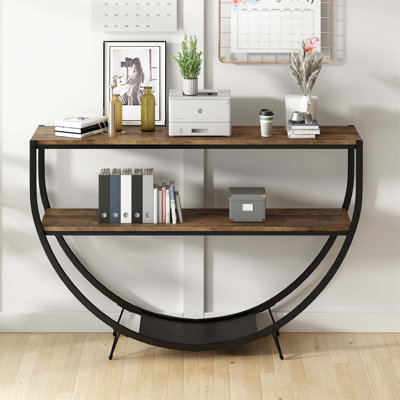 Console de style industriel rustique en métal texturé demi-lune et en bois vieilli pour une décoration polyvalente