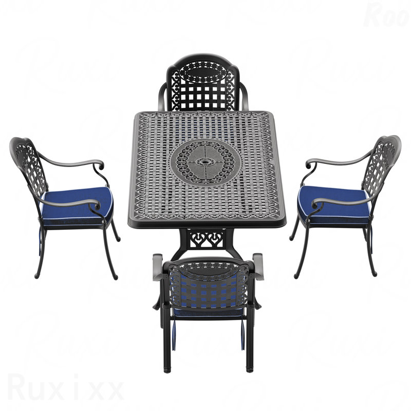 Ensemble de 5 meubles de patio en aluminium coulé avec cadre noir et coussins bleus, 5 pièces: table, 4 chaises
