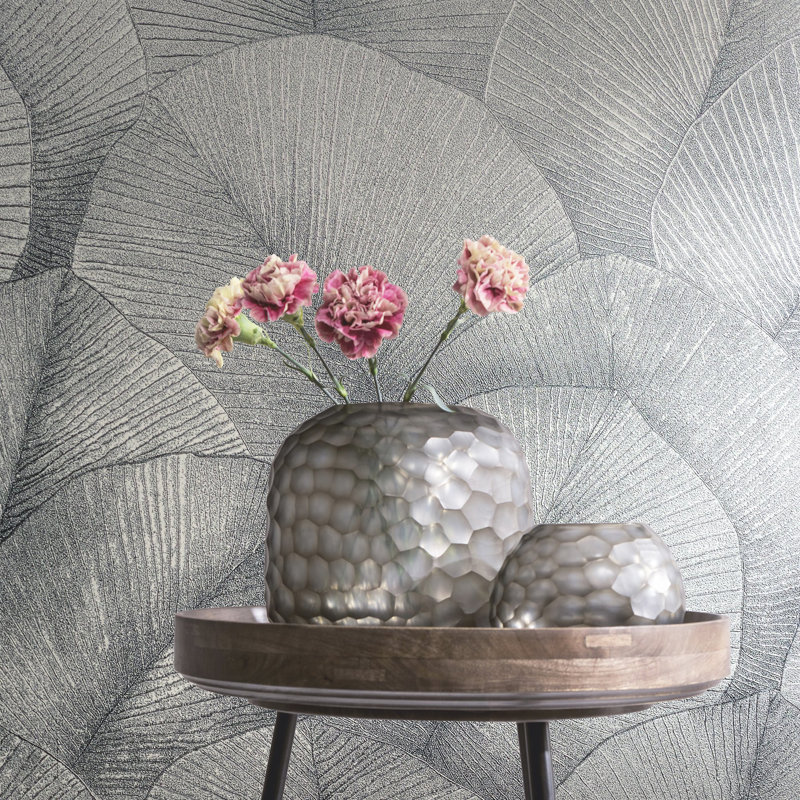 Kumano 3D Embossed Palm Leaf Wallpaper Roll, Silver