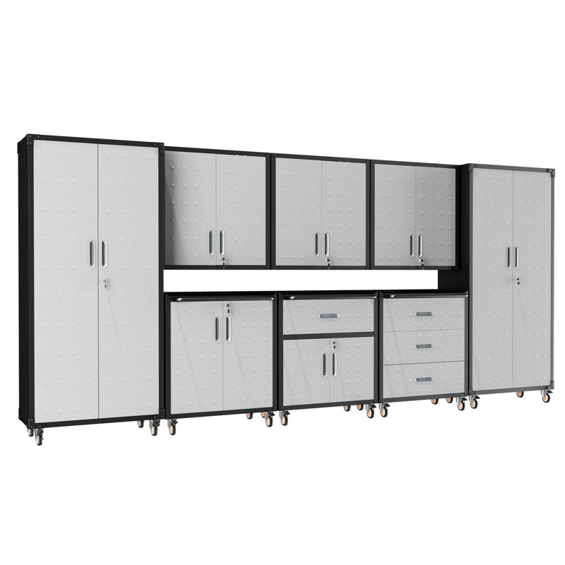 Ensemble de rangement pour garage 8 pièces, comprenant des armoires métalliques à roulettes, 3 armoires murales, 2 armoires à panneaux perforés et un coffre à outils verrouillable.