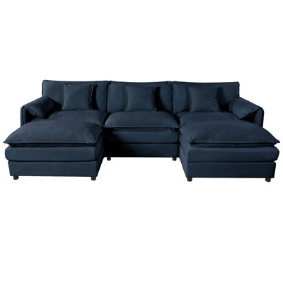 Modular Sectional Sofa With Oversized Deep Seats, 3-Seater U-Shaped Couch Set, 2 Movable Ottomans, Chenille Fabric, Blue