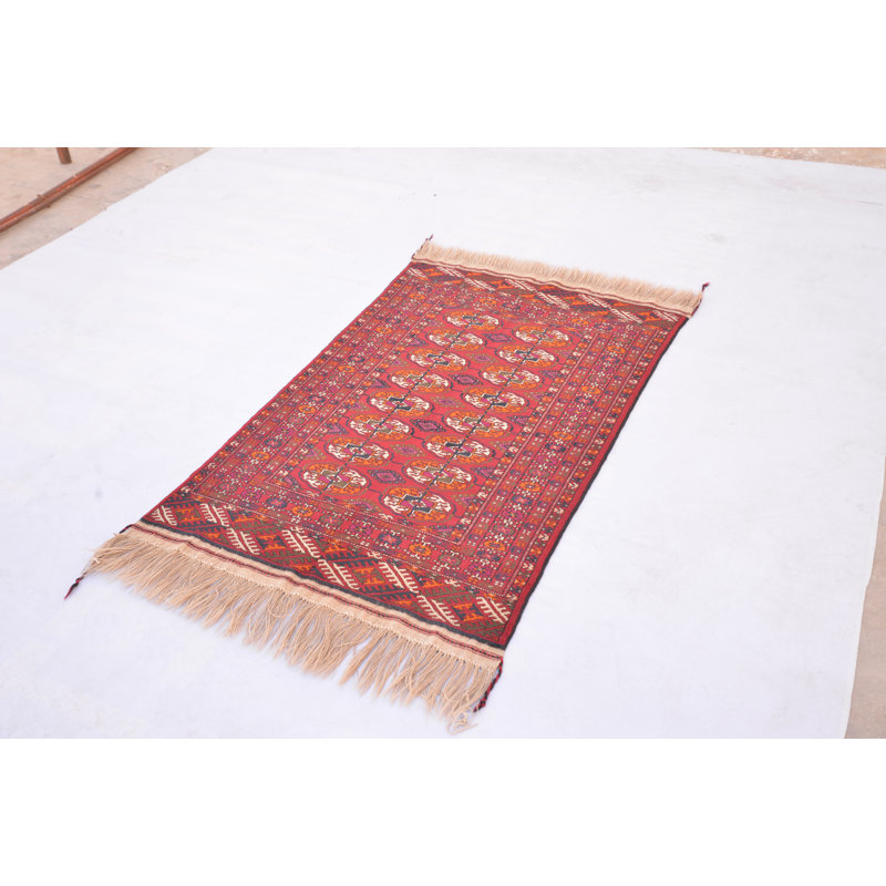 Tapis de la surface en laine rouge/bleu/brun 2 pi 6 po x 4 pi 1 po one-of-kind-noué la main
