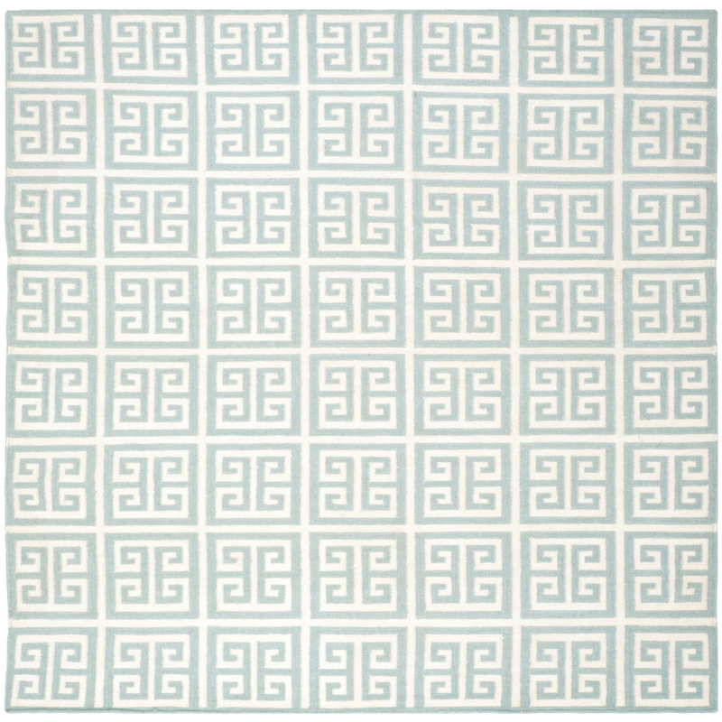 Rodgers Hand Woven Flat Weave Banana Silk/Wool/Cotton Geometric Rug in Ivory/Blue, Square 7' x 7'