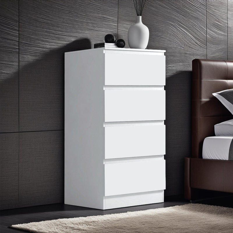Carlton 4 Drawer Tallboy Chest Of Drawers. 40cm Wide. Matt Finish. Scratch Resistant. Modern No Handle Design., White