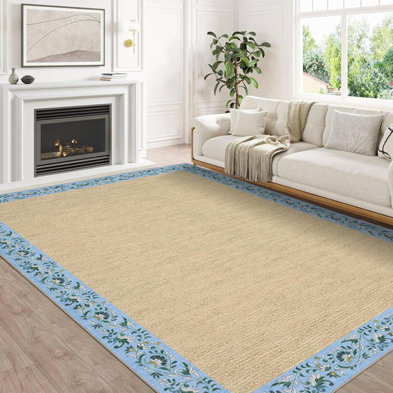 Floral Bordered Kitchen Rug – Minimalist, Non-Slip, Washable for Hallways, Entryway, Bedroom (Light Blue), Rectangle 8' x 10'