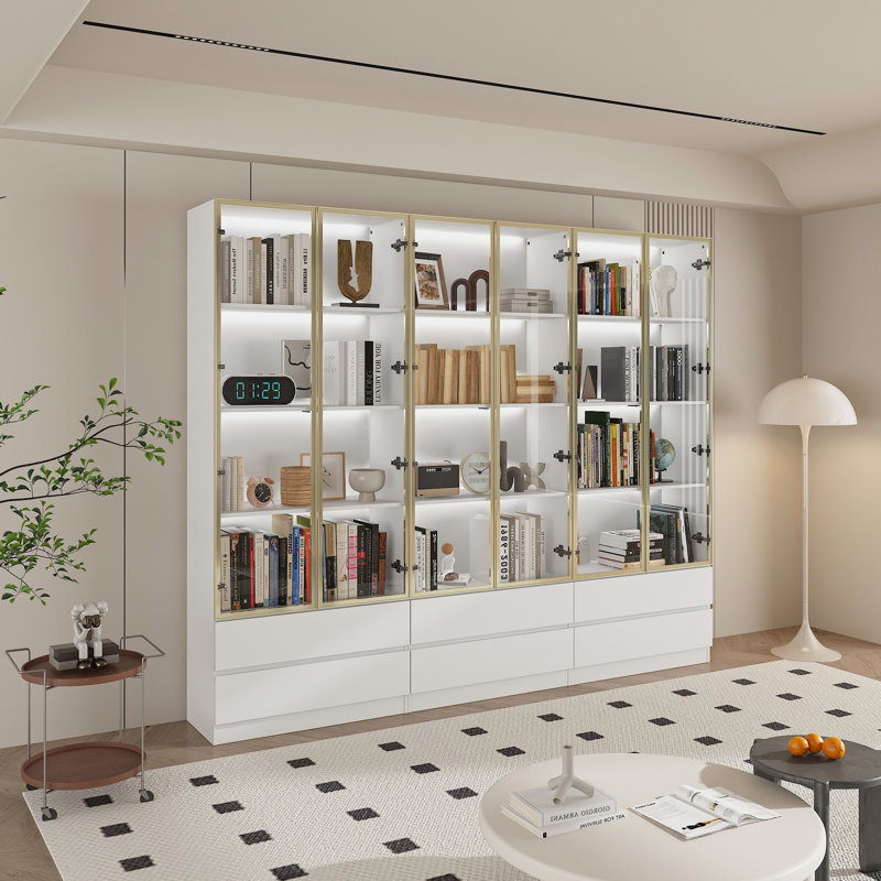78.7'' H X 94.5'' W 6-Drawer 4-Tier Display Bookcase With Glass Doors And LED Light, White