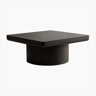 34.6'' Square Coffee Table For Living Room, Modern Wood Veneer Top With Parquet Pattern & Cylindrical Base, Thickened Tabletop, Easy Assembly, Black