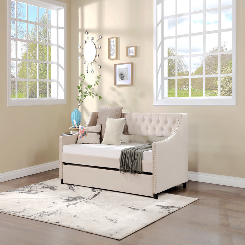 Daybed With Trundle Upholstered Tufted Sofa Bed, With Button And Copper Nail On Arms, Beige