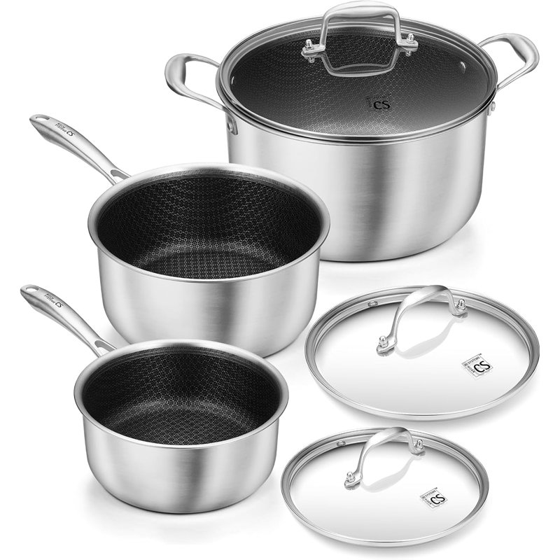 Ensemble de 6 casseroles en acier inoxydable, 2 L + 3 L + 8 L, antiadhésives, triple épaisseur, sans PFOA, compatibles induction.