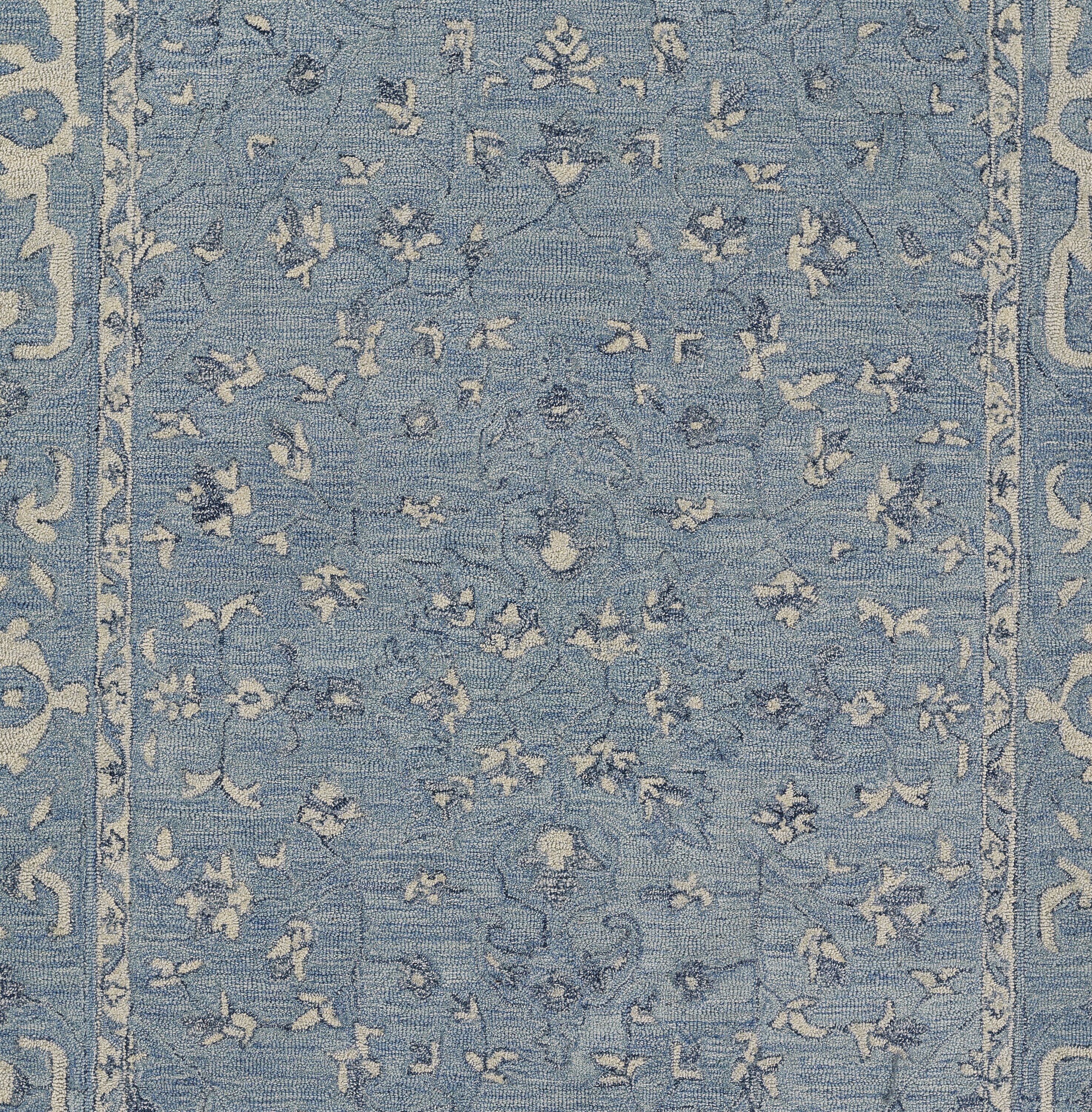 Blue & White Rose Floral Hand Tufted 100% Wool Soft Area Rug