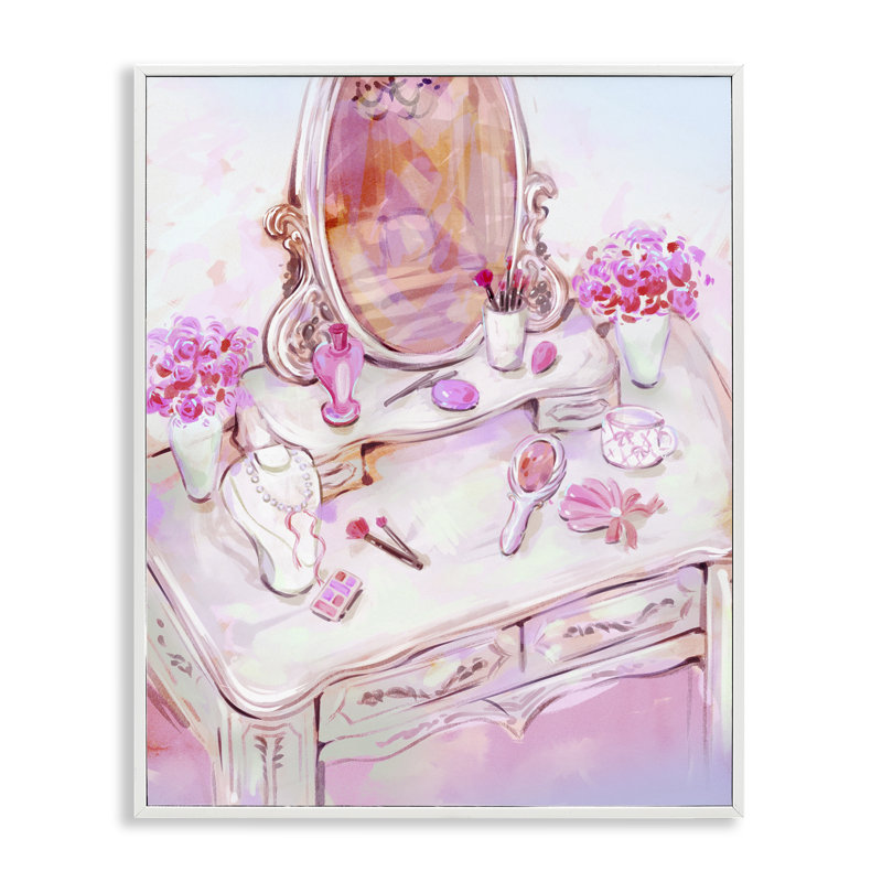 Vue de coiffeuse rose pastel encadrée, estampe numérique, design par Ziwei Li, H 14 po x l 11 po