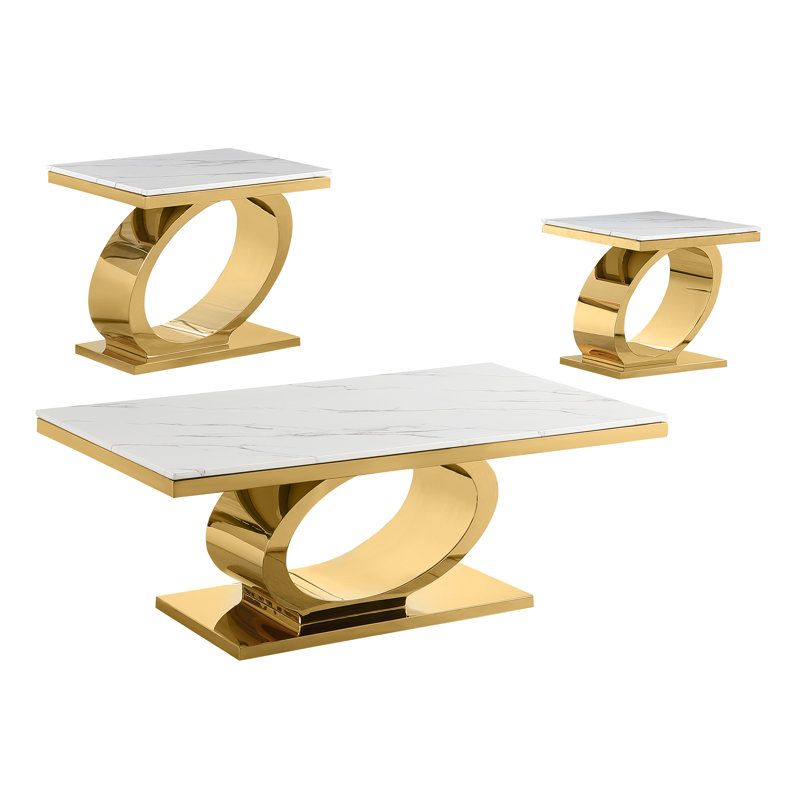 Luxurious White Marble and Gold Stainless Steel 3-Piece Coffee Table Set