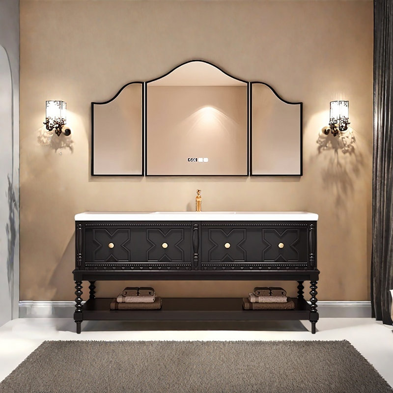 Meuble-lavabo autoportant 59,45 po en bois massif rétro avec miroir intelligent, 59"