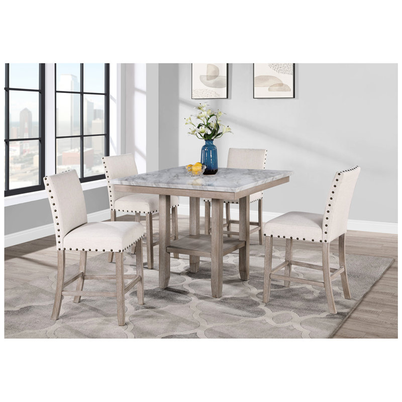 Transitional Square Bar Table And Stools , Natural Color Marble With Solid Back For Dining