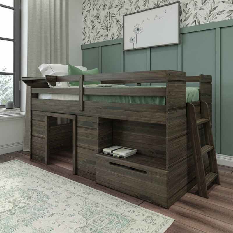 Harriet Bee Purdy Hill Twin Solid Wood Low Loft Bed with Shelves by ...
