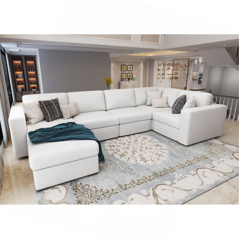 Canapé modulaire modulaire (en forme de L / U) - Housses amovibles, tissu en lin antidérapant, mousse haute densité, repose-pieds inclus