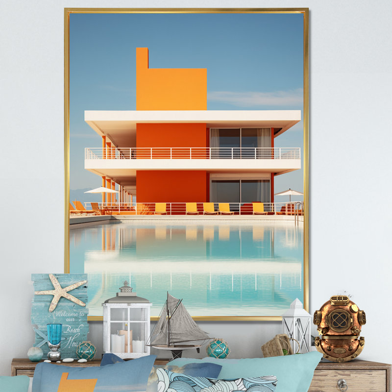 Minimal Orange Beach House sur impression sur toile, H 40 po x l 30 po x P 1,5 po, Cadre flottant doré