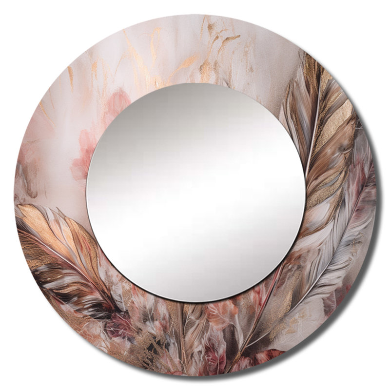 Phera plumes glamour dorées de Boho Fantasy IV - miroir unique en plumes glamour, grand miroir mural rond doré, art imprimé en métal