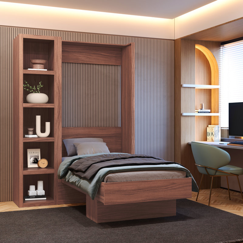 Lit escamotable avec bibliothèque Easy-Lift, Brun, Lit simple