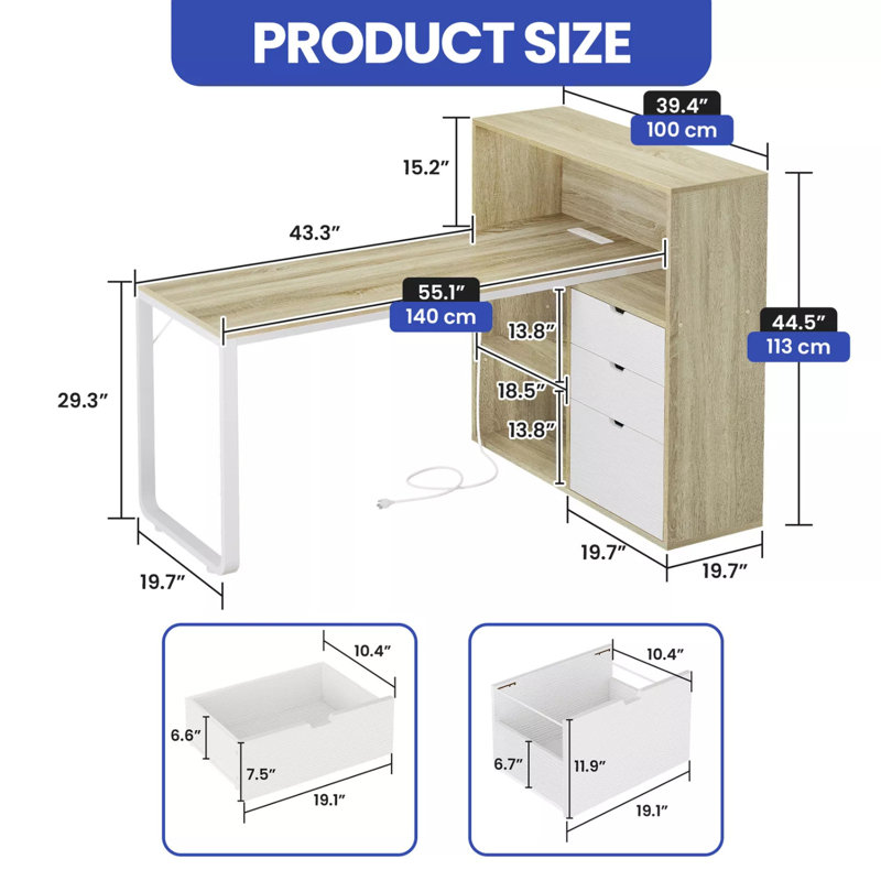 Broly 55'' L Shaped Desk With Power Outlets & LED Light, Brown