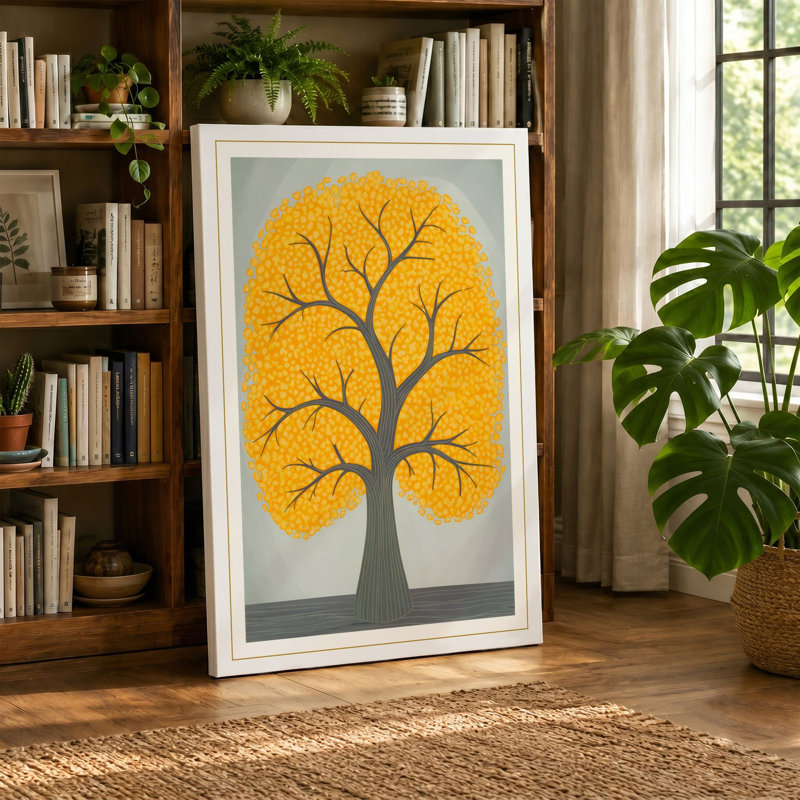 Golden Tree Minimalist 1 Piece Wrapped Canvas Wall Art, 24x16 - 61.0 x 40.6 cm, Cream Border