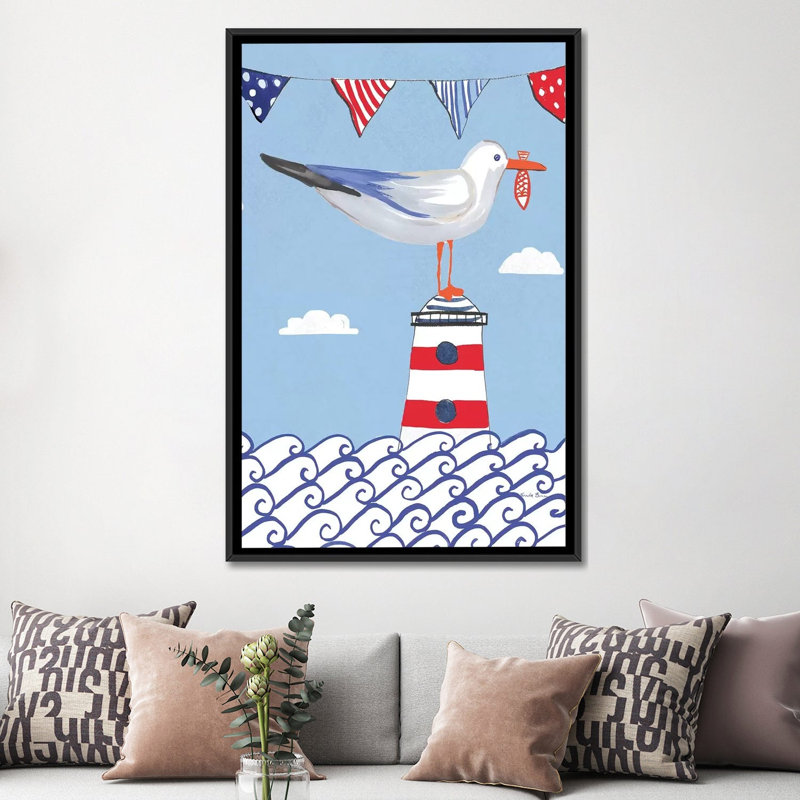« côtier oiseau on blue i », impression sur toile, H 26 po x l 18 po x P 1,5 po, Toile avec cadre noir, Pas de tapis