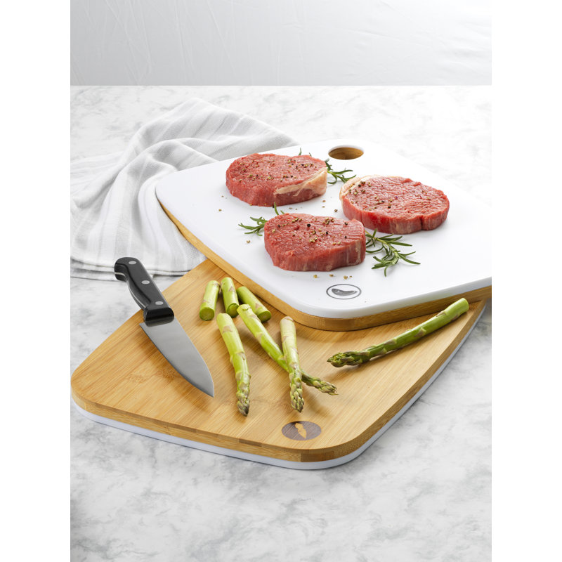 Reversible White and Bamboo Cutting Board with Handle