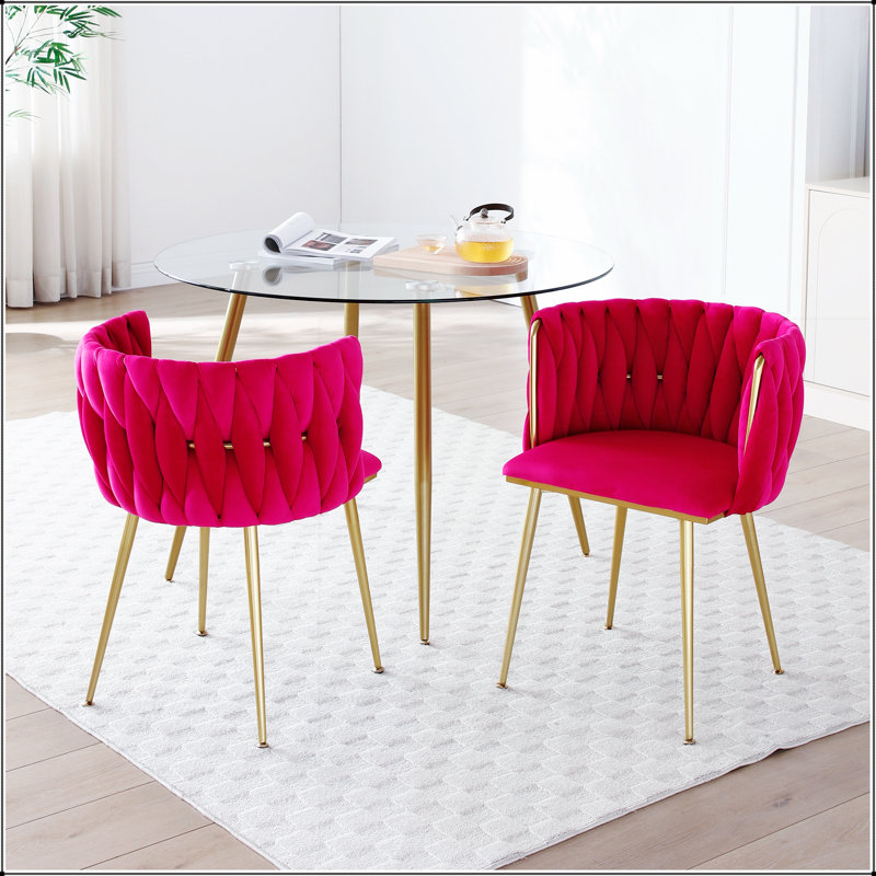 Ensemble de 2 chaises de salle à manger modernes en velours avec dossier tissé et pieds en métal doré