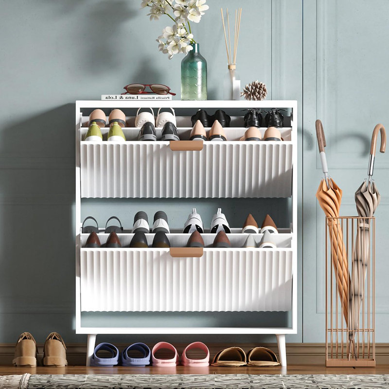 Rangement à chaussures - Blanc - Organisateur moderne autoportant avec 2 tiroirs rabattables, étagère à chaussures étroite pour le vestibule
