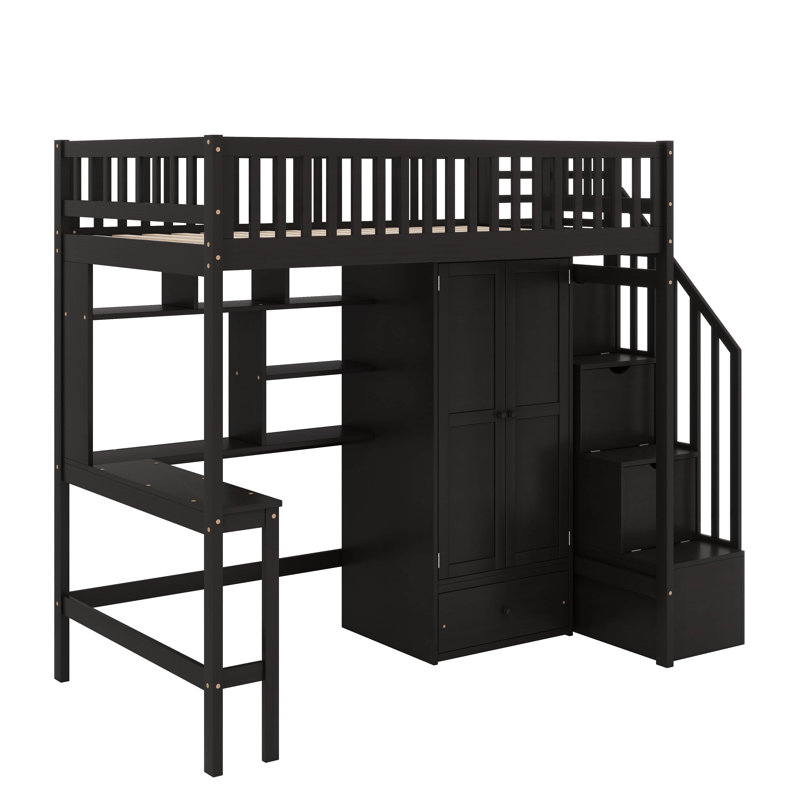 Lit mezzanine simple avec bibliothèque intégrée et tiroirs de rangement, Espresso
