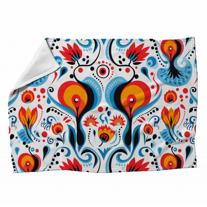Machine Printed Throw Blanket, Throw, White/Blue/Red, Paisley