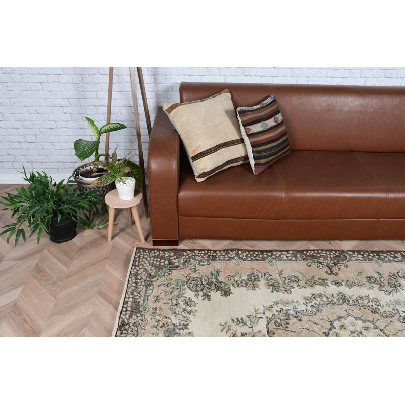 Tapis turc vintage Oushak beige avec motif floral pour des idées de cadeaux pour la chambre à coucher et la maison