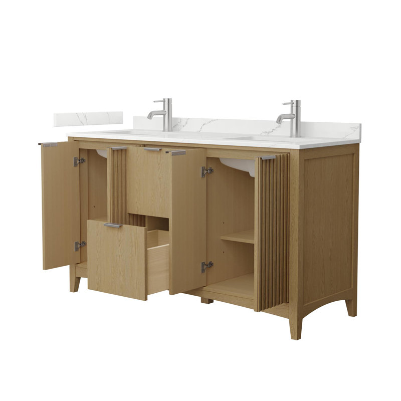 Palmilla 60" Freestanding Double Bathroom Vanity with Quartz Top, Brushed Nickel, Beige